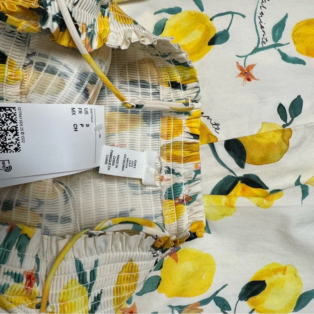 H&M Lemon Print Smocked Sundress White Yellow Sleeveless S Bonus earrings NWT - Picture 13 of 16